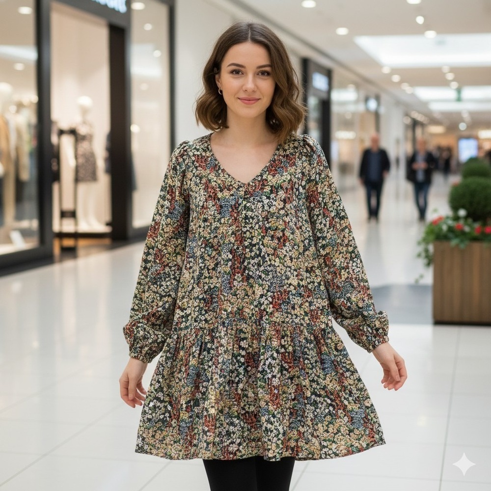 HM Womens Large Floral‎ V-Neck Tiered Mini Dress Long Sleeve Boho Navy Blue L